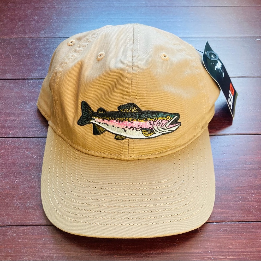 5.11 Tactical Trout On! Dad Hat - Embroidered Rainbow Trout Fishing Hat Tan O/S